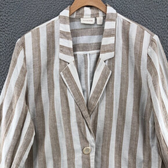 Chicos Blazer Womens 3 US 16 Ivory Striped Linen Pockets Button Up 3/4 Sleeve - Picture 2 of 11
